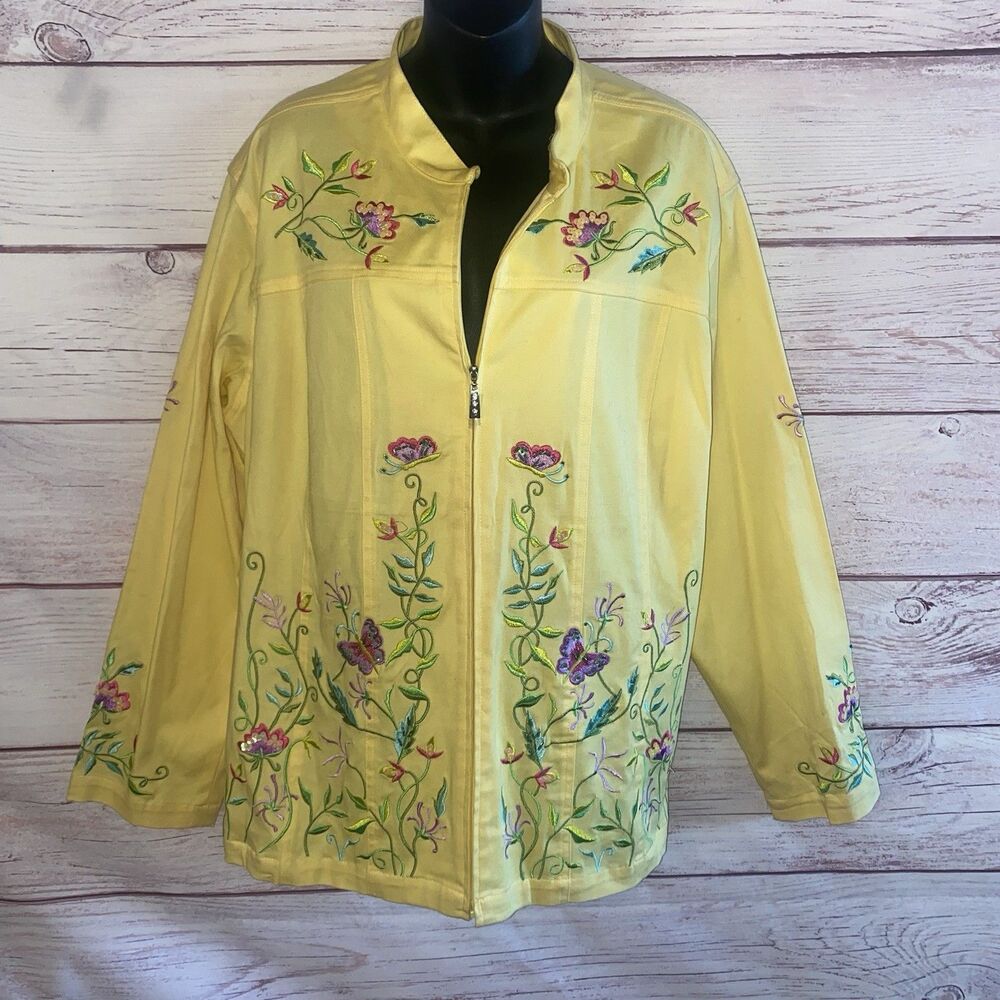 Quacker Factory Womens 2X Yellow Floral Butterfly Embroidered Jacket Cotton